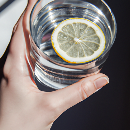 A person holding a glass of water with lemon slices